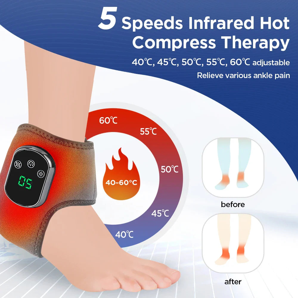 DearBeauty electric ankle massager with infrared heat and vibration wrap, shown wrapped around a person's ankle for pain relief