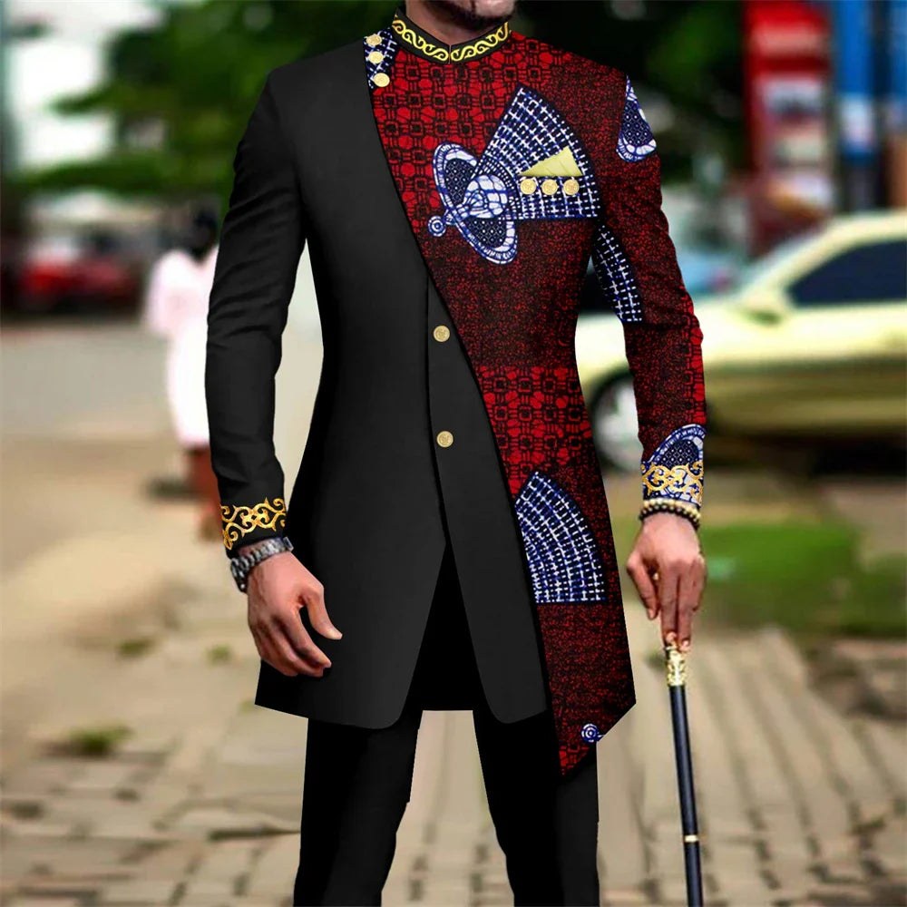 SHOWLU Men's African embroidery print suit with matching blazer and trousers, featuring vibrant traditional embroidery for wedding attire