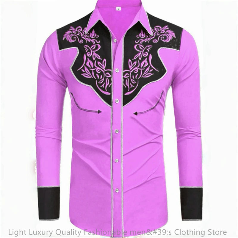 Long-sleeved men's retro western denim shirt in large size, soft fabric, casual loose fit, from Showlu Fashion Store.