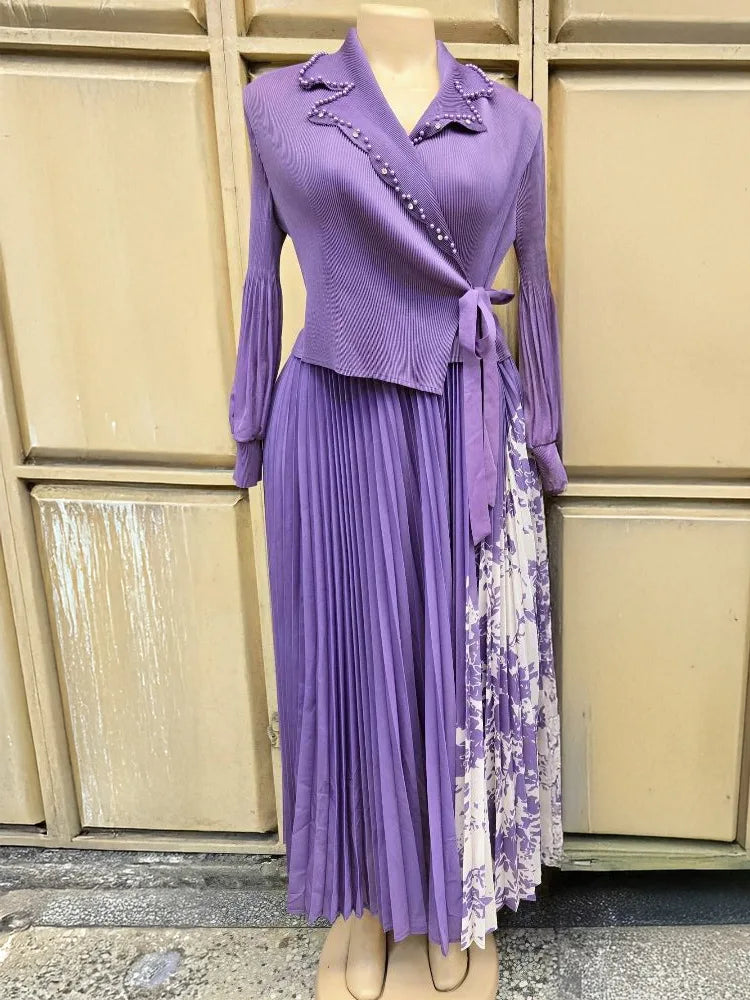 2025 Spring and Summer Vacation Two Pieces Miyake Pleated Printed Dress High-end Pleated Medium and Long Dress Women's Clothing