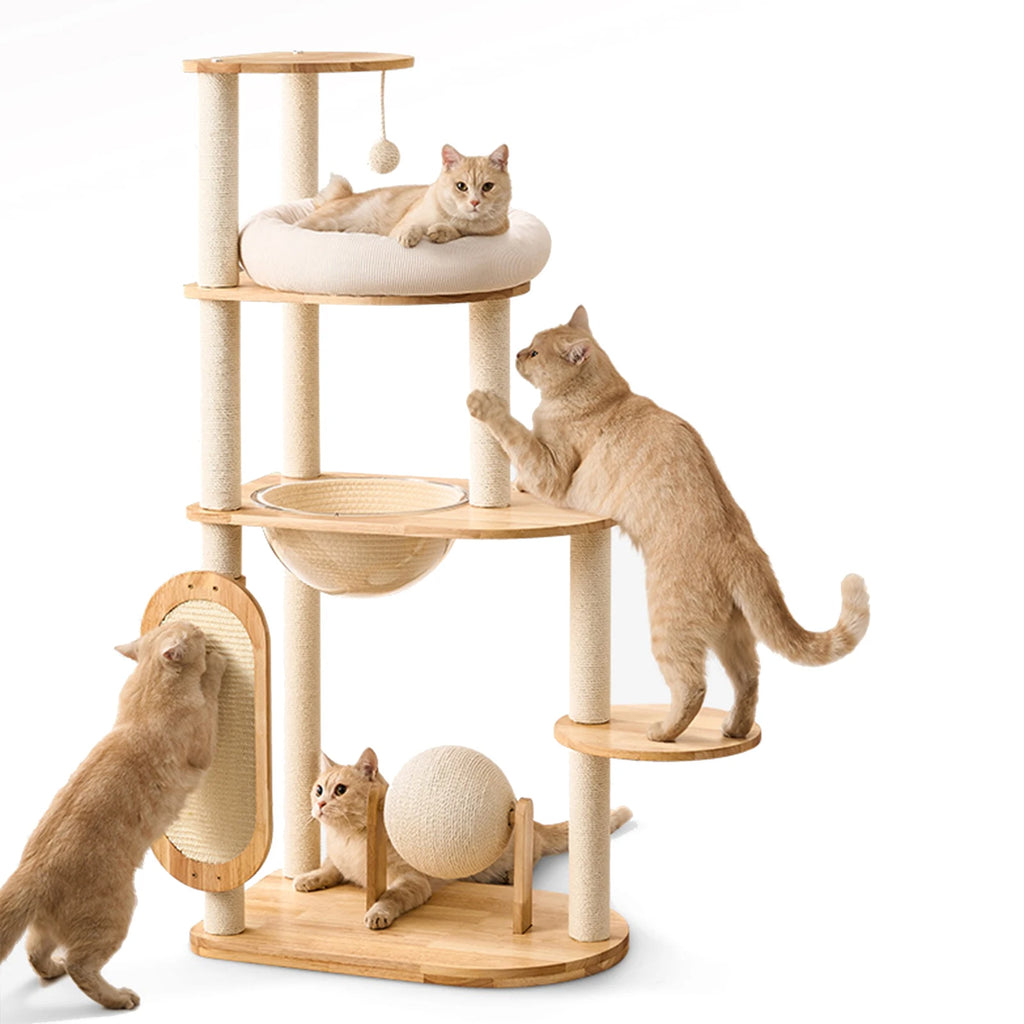 Showlu Solid Rubber Wood Cat Tree Tower with 4-tier scratching posts, featuring cozy perches and sisal scratching surfaces.