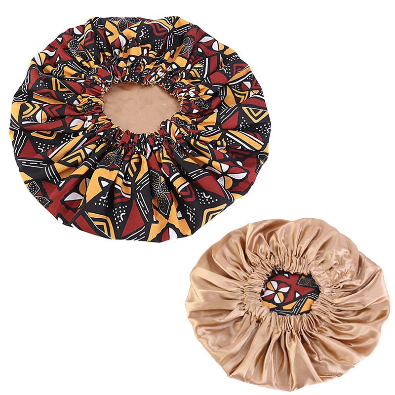 Women’s African Ankara print sleep cap with satin lining, soft and extra large headwrap for hair care and comfortable night wear.