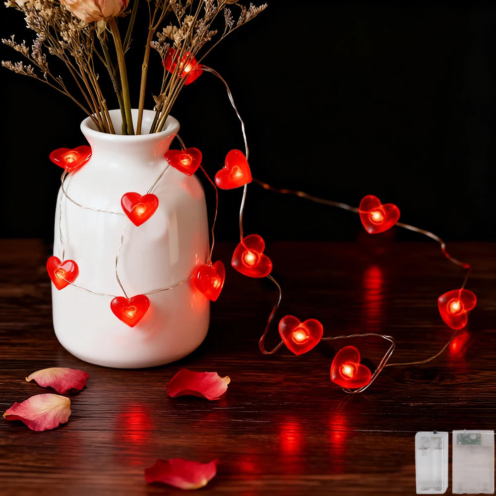 Red heart-shaped string lights with 20/30 LED bulbs, perfect for Valentine's Day, Christmas, or romantic decor.