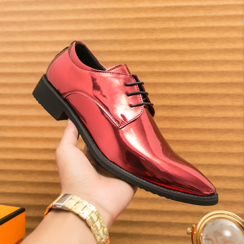 Men's black patent leather derby shoes with pointed toes, ideal for weddings and formal parties, by Showlu Fashion Store.