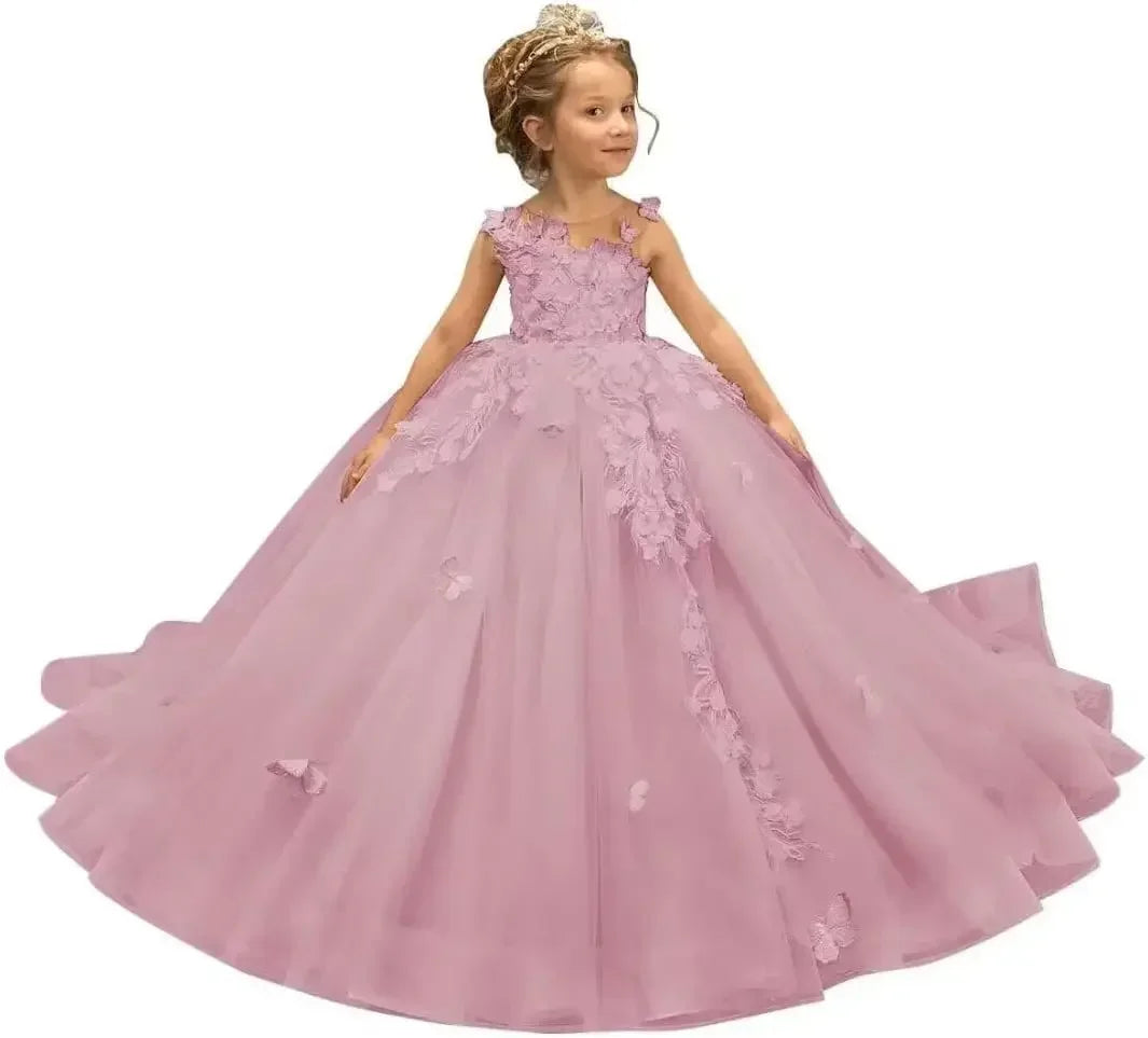 Showlu Fashion Kingbridal 3D Butterfly Flower Girl Dress with tulle and lace, ball gown style for pageants and special occasions.