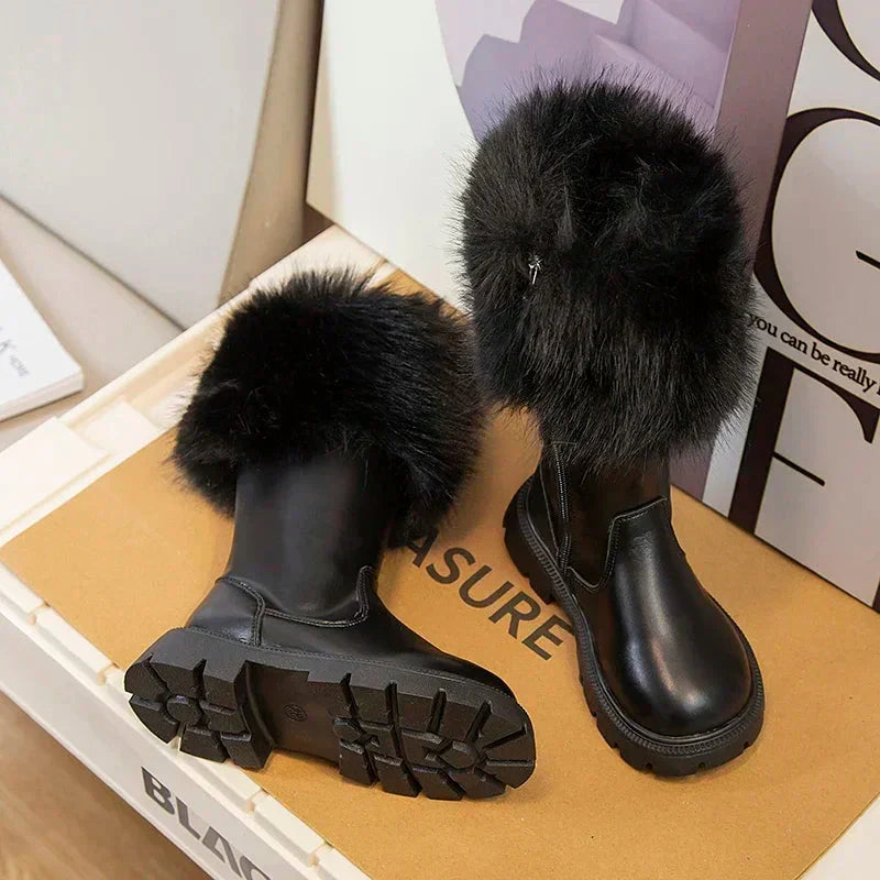 Showlu Fashion Store Miniso girls' winter high boots with plush fur lining, leather mid-calf shoes for warmth and style.