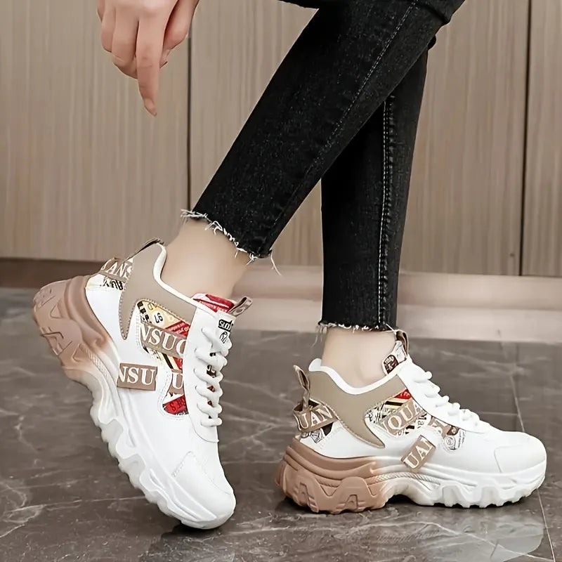 Korean edition women's spring and summer dad shoes with color block design, breathable material, thick soles, and height increasing features.