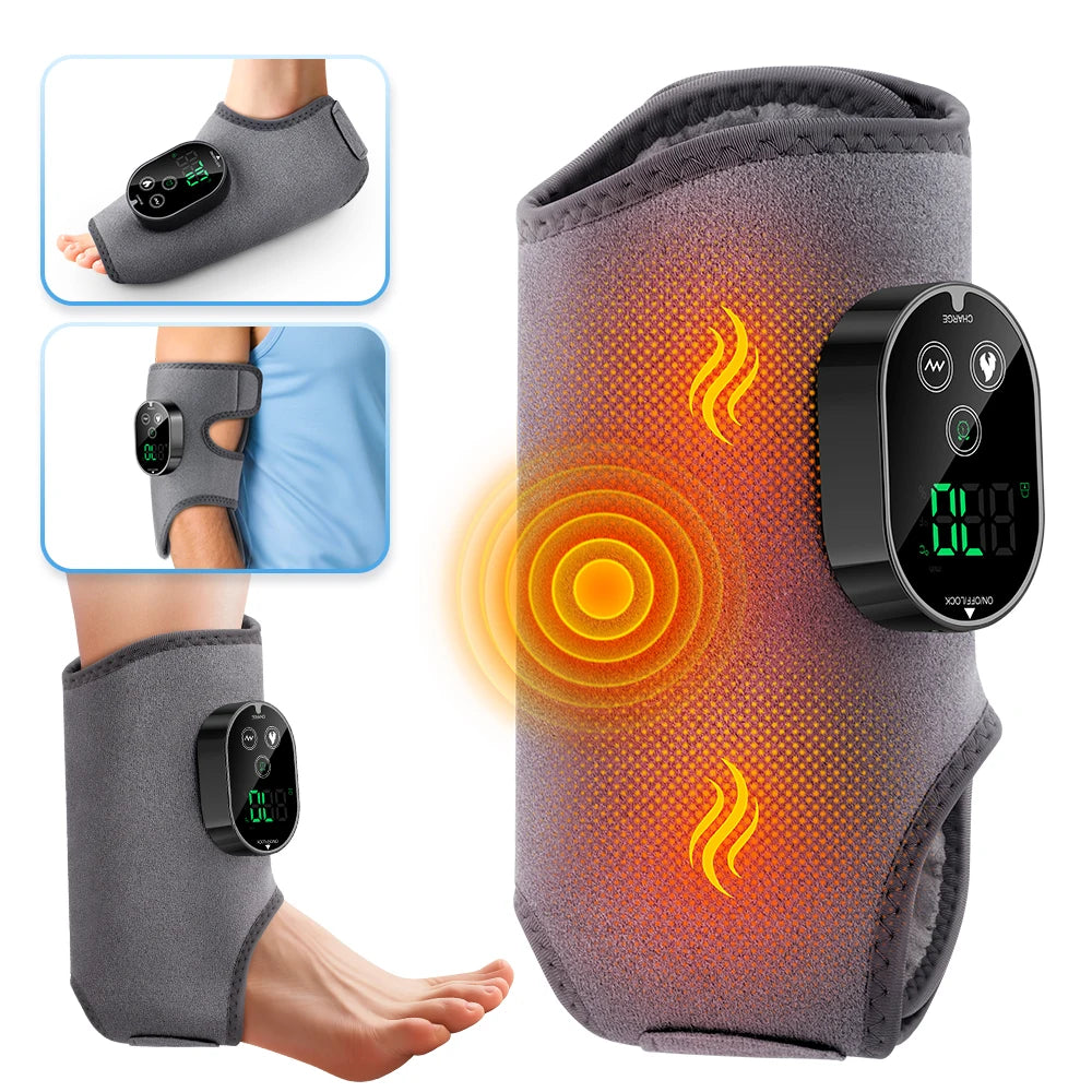Electric foot and ankle massager with vibrating and heating functions, adjustable strap, rechargeable, ideal for muscle relaxation.
