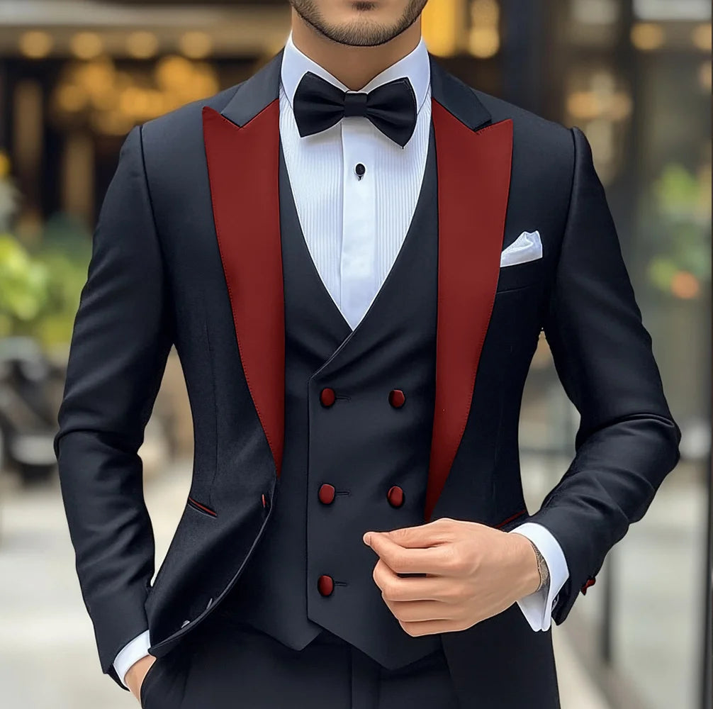 Black groom wedding tuxedo suit by Showlu Fashion featuring a slim fit 3-piece design with blazer, pants, vest, and peak lapel.
