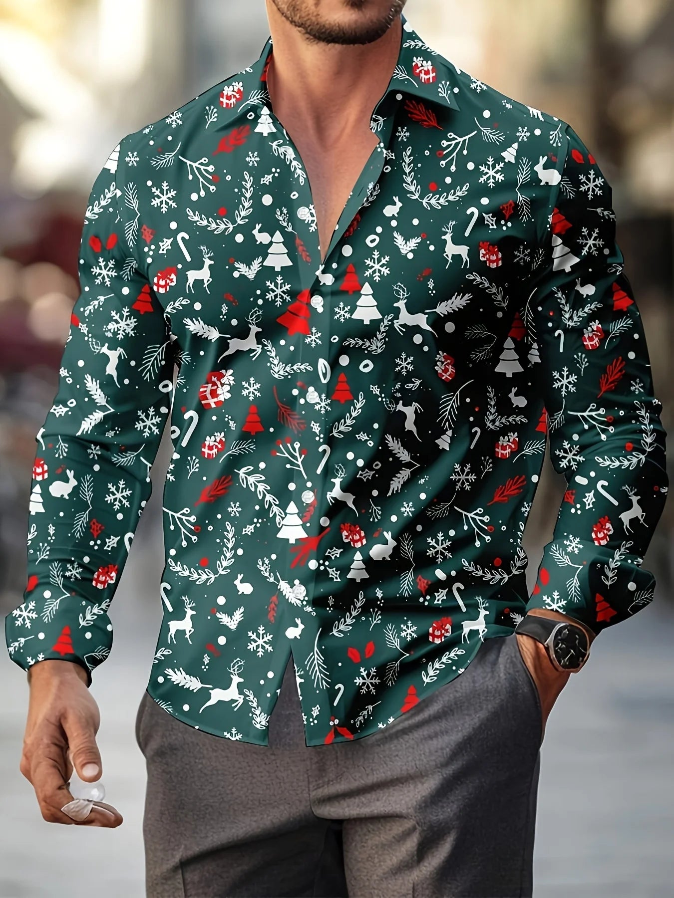 Men's Christmas festival themed 3D printed formal shirt with Christmas tree and Santa Claus graphics, long sleeve fashion shirt.