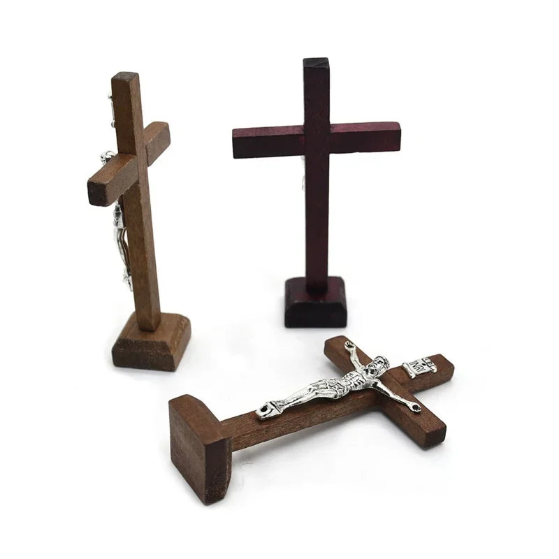 Wooden Catholic Jesus cross with stand, vintage religious Christian crucifix for church, home, or tabletop display.