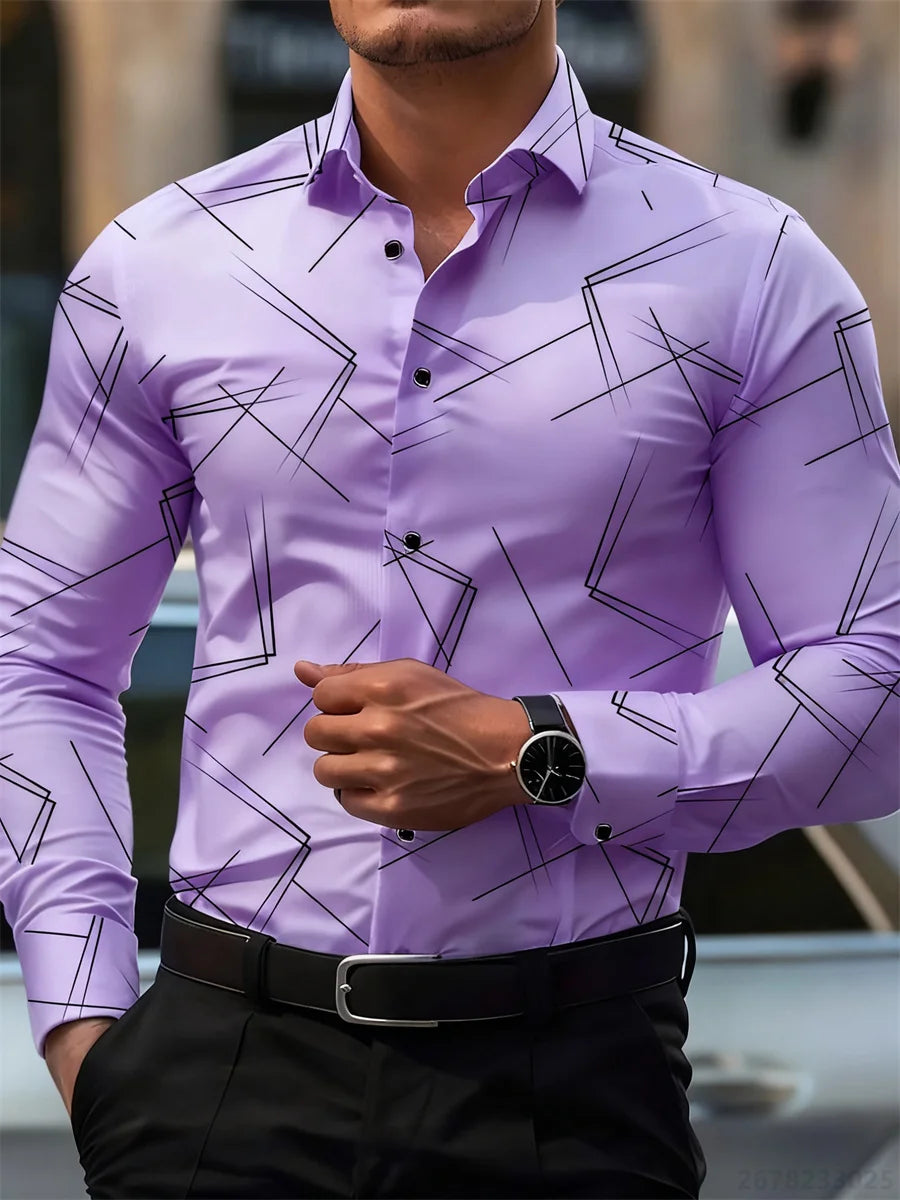 Men's trendy geometric line print long-sleeved shirt by Showlu Fashion Store, slim fit, business casual, non-iron versatile style