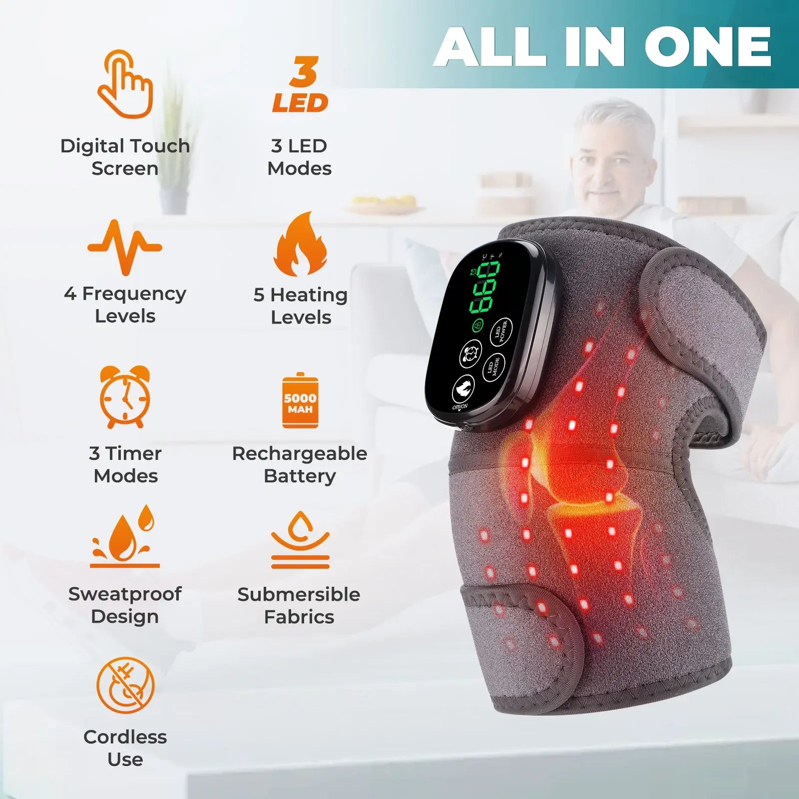 Showlu Fashion Store 3-in-1 red light knee and shoulder massager with heating, support brace, and rechargeable pad for muscle relaxation.