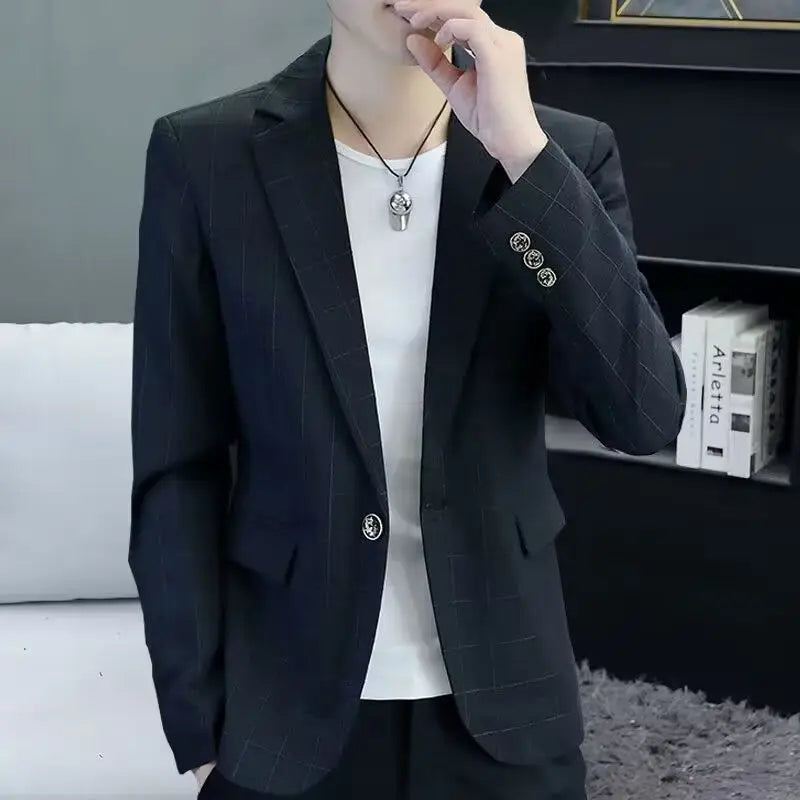 Men's slim fit plaid blazer by SHOWLU FASHION STORE, casual Korean style jacket with striped pattern and tailored fit.