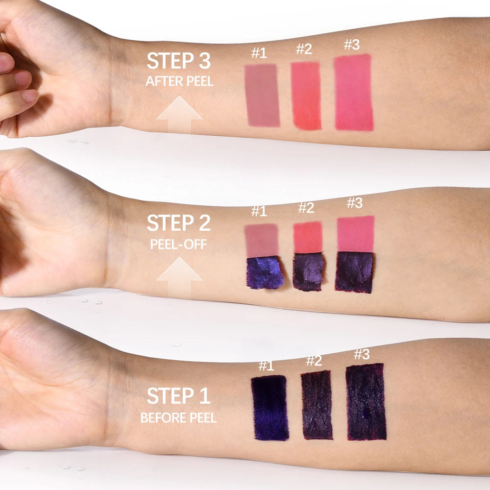 Showlu Smart General waterproof peel-off lip stain and lip tint applied on lips, showcasing vibrant color and glossy finish.