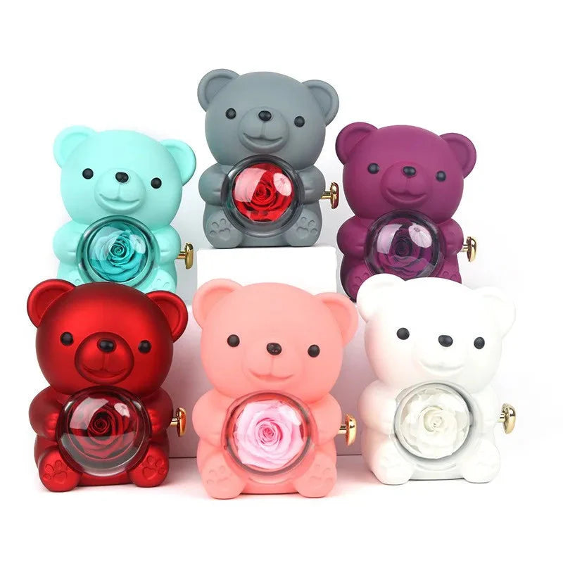 SHOWLU FASHION STORE Teddy Bear Rose jewelry box with rotating necklace display, featuring a cute teddy bear and floral design.