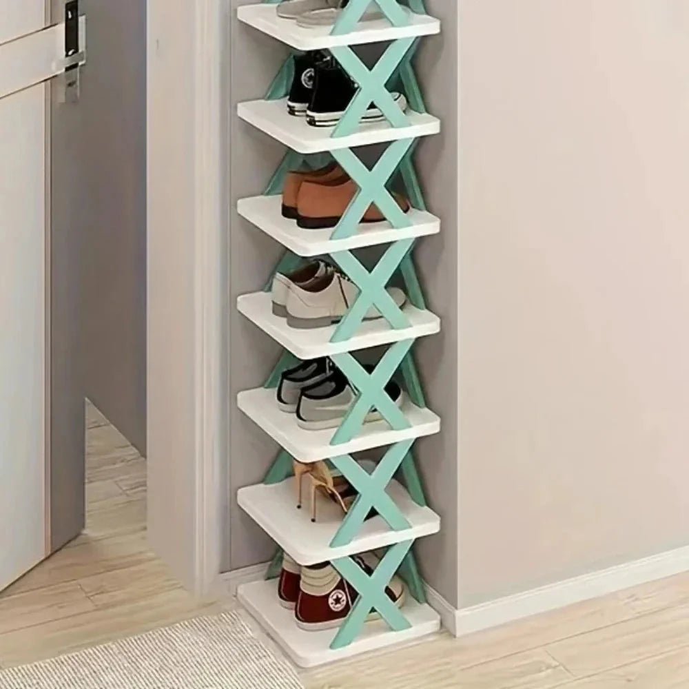 Showlu Fashion multi-layer detachable shoe rack with foldable storage shelf, showing organized shoes and sleek design.