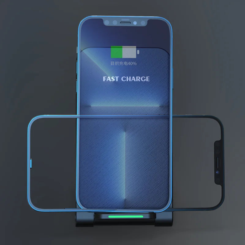 Showlu Smart General 30W fast wireless charging stand with a sleek design and phone charging in progress.