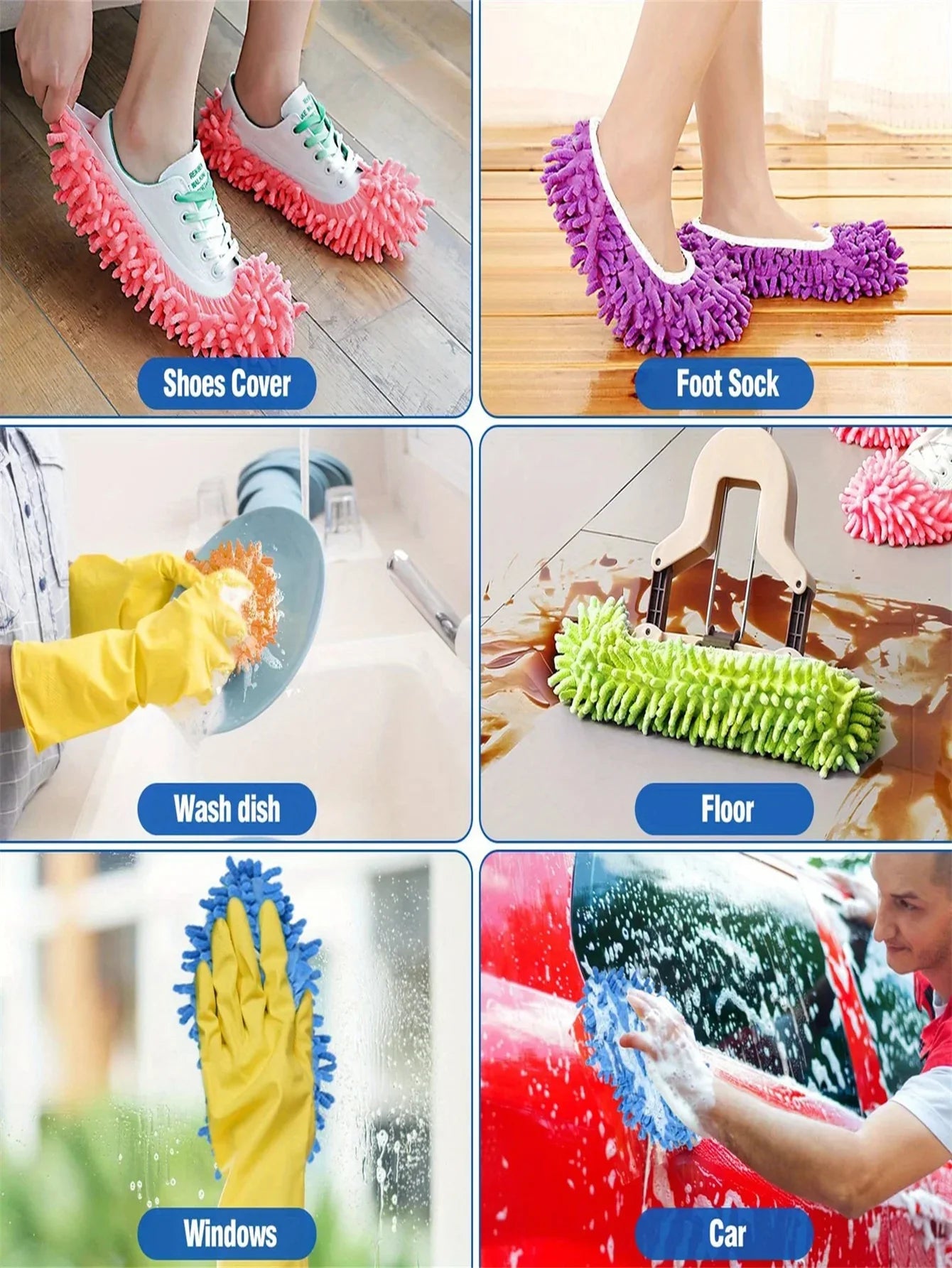 Showlu Fashion microfiber mop slippers, washable dusting socks in black and gray, designed for easy home cleaning.