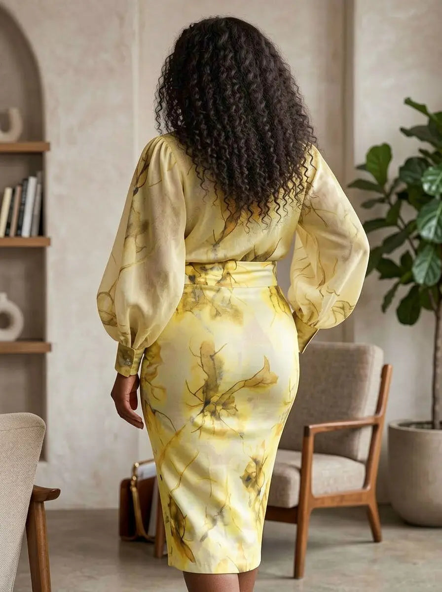 Women Plus Size Long Sleeve Printed Top And Bodycon Midi Skirt Outfit For Brunch Date Wedding Guest Daily Elegant Occasion