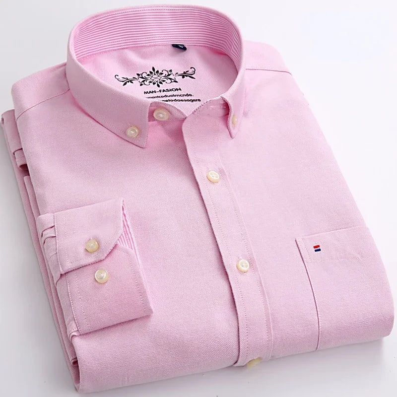 Men's long sleeve plaid Oxford dress shirt in solid color, regular fit, oversized style, made from 100% cotton by Showlu Fashion.