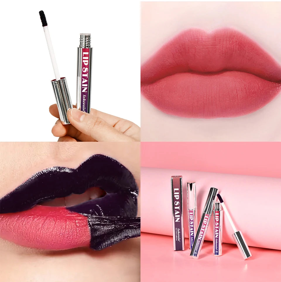 Showlu Smart General waterproof peel-off lip stain with vibrant color and glossy finish, applied on lips for a bold look.
