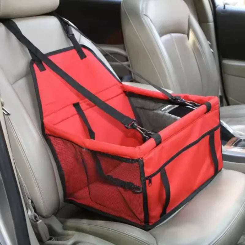 Foldable dog and cat car seat cover with pet harness and basket, designed for safety and comfort during travel.