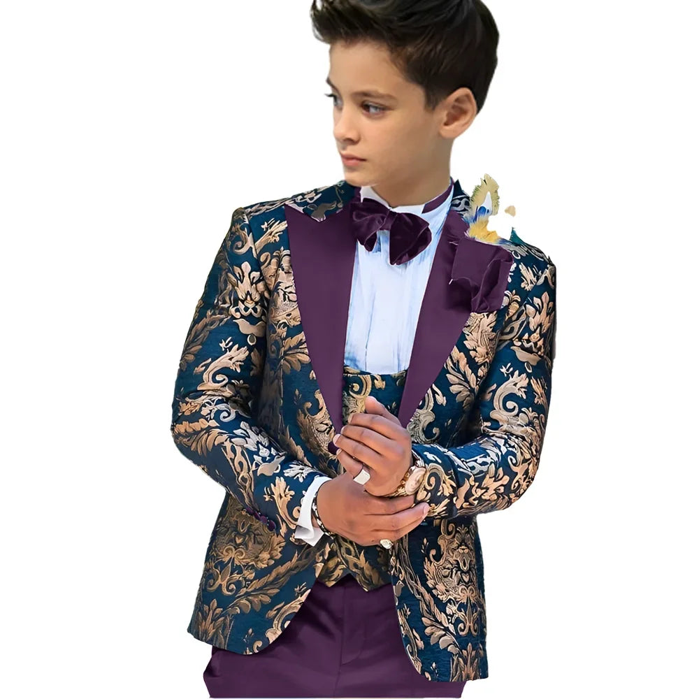 Children's floral boy tuxedo suit set with jacket, vest, and pants for wedding, suitable for ages 2 to 16, by Showlu Fashion Store.