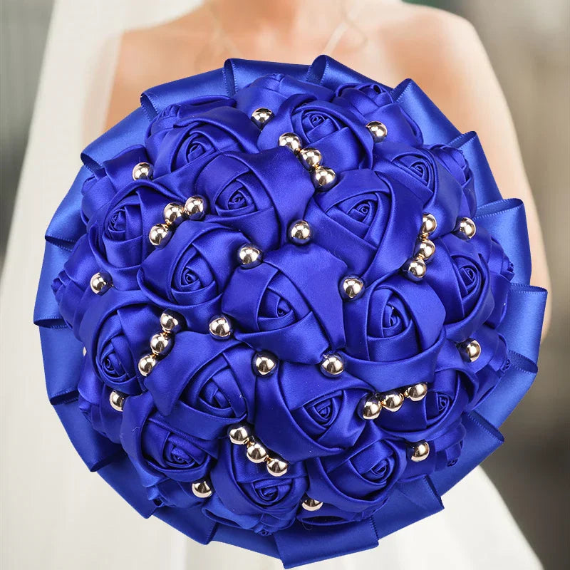 Artificial navy silk rose wedding bouquet, 20cm size with realistic silk flowers for wedding decor or special occasions.