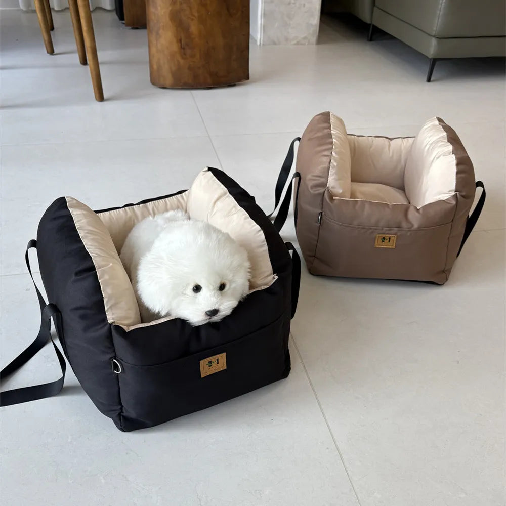 Showlu Dog Car Seat with Safety Belt, washable pet booster travel bed in blue with secure harness and padded interior.