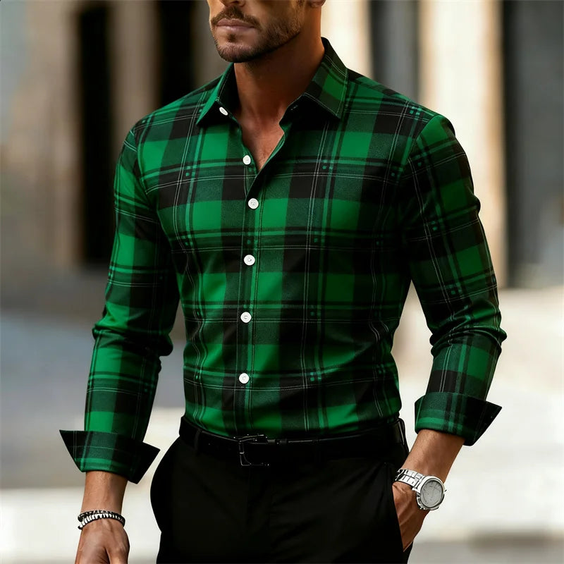 Men's plaid casual street style long-sleeved shirt by Showlu Fashion Store, outdoor daily wear, available in large sizes XS-6XL.