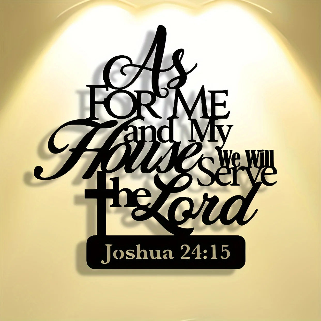 Metal wall art featuring the phrase "As for Me and My House" with religious iron decor in black finish.
