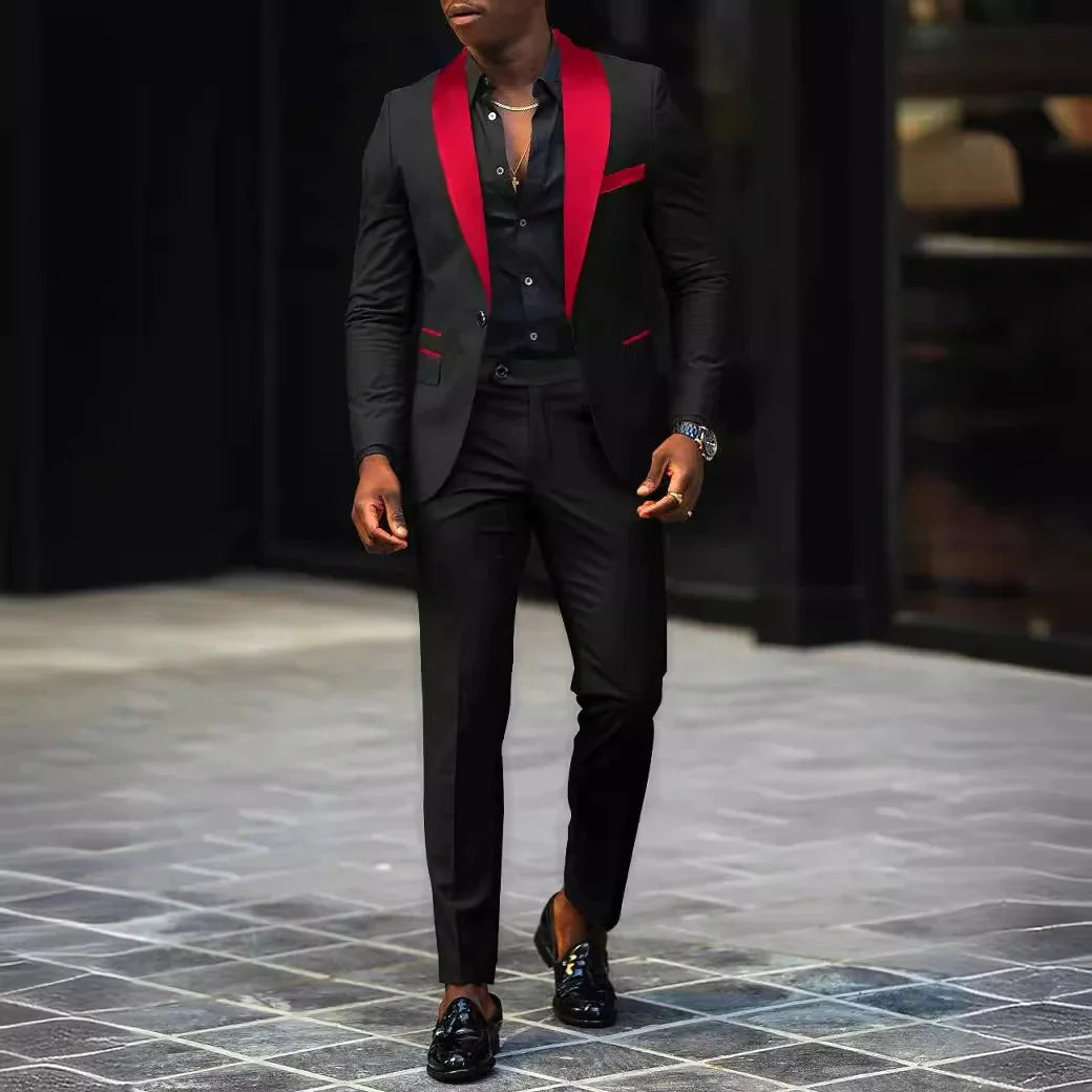 Naupang men's slim fit 2-piece business suit with single button and side slit, shown in dark fabric, tailored for a sleek professional look.