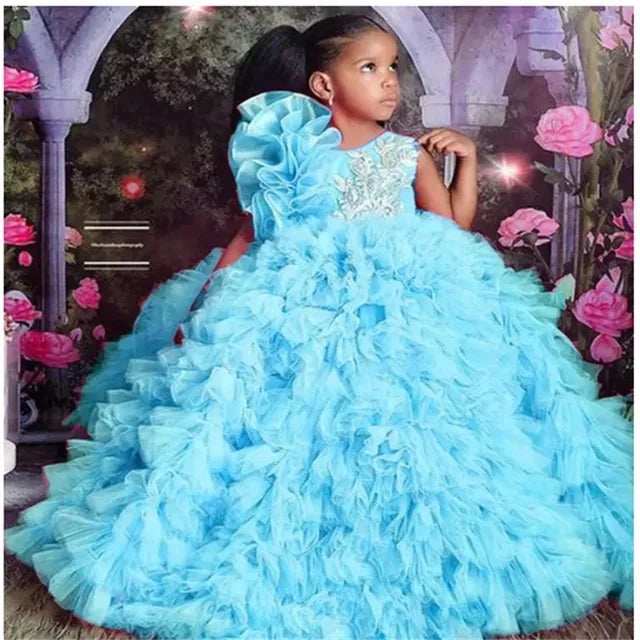 Flower Girls Dress For Wedding Luxury Purple Tulle Puffy Applique Organza Pageant for Little Girl Princess First Communion Dress