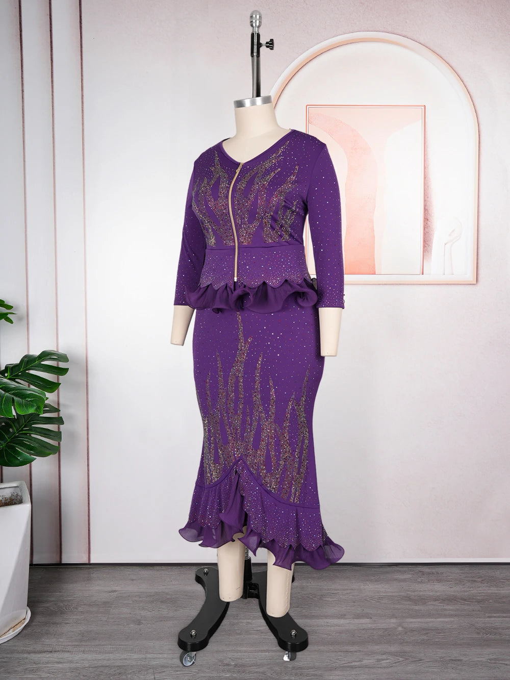 Plus Size African Clothes for Women Dashiki Diamond Luxury Wedding Evening Party Dresses 2 PCS Set Tops And Skirts Suits