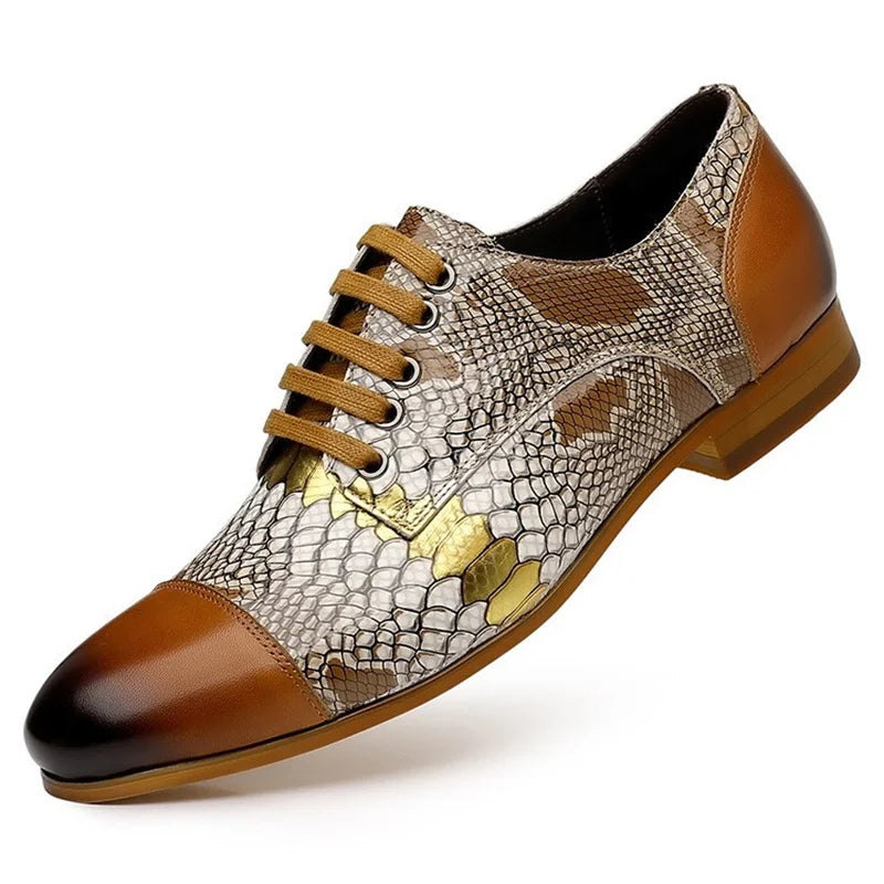 Elegant men's leather snake pattern business shoes with lace-up design, comfortable casual and formal dress shoes for men.