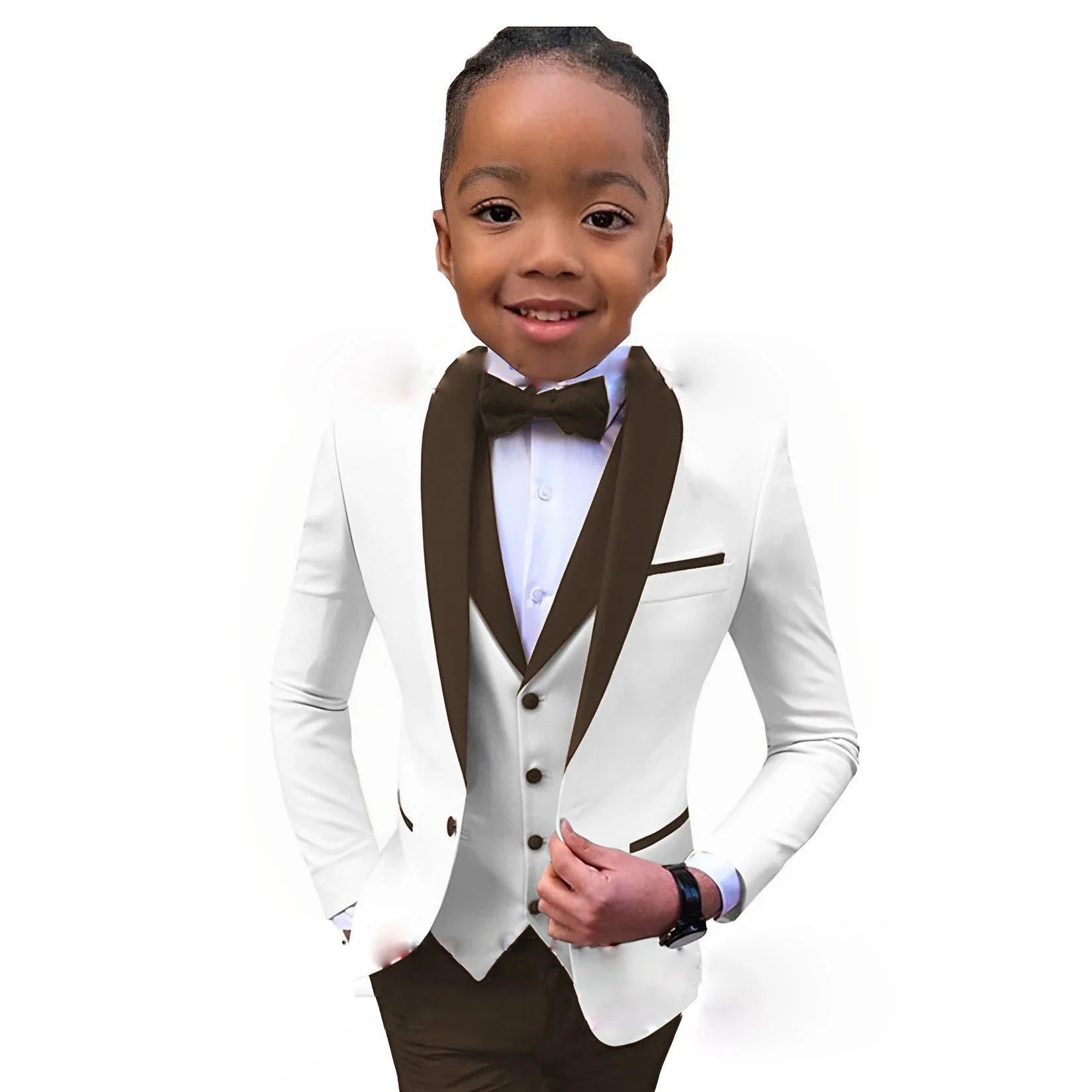White boys' tuxedo suit with royal blue collar, 3-piece formal wedding party outfit for children aged 2-16 years.
