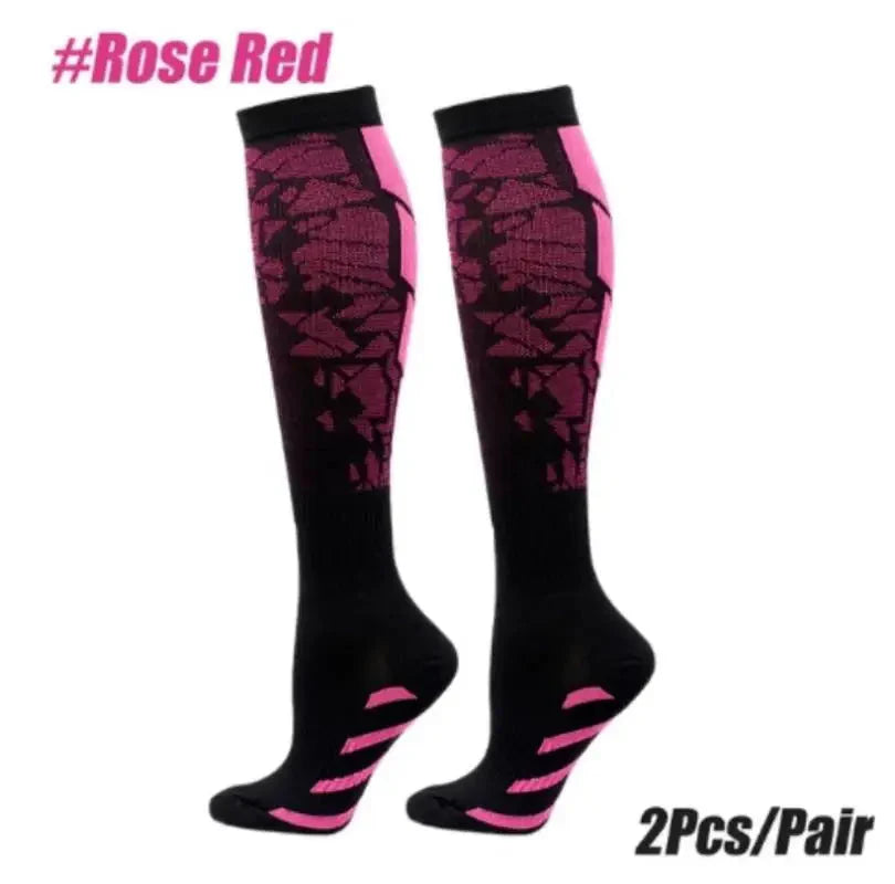 Showlu Knee-High Compression Sports Socks with nylon calf support, ideal for running and athletic activities.
