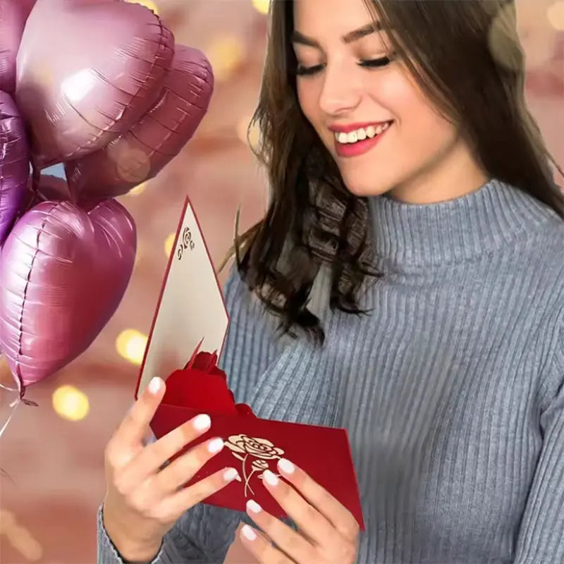 Showlu Fashion 3D pop-up rose Valentine's Day greeting card with intricate floral design and vibrant colors.