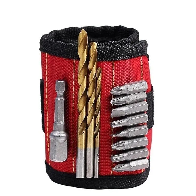 Showlu Smart magnetic tool wristband with adjustable strap, holding small metal tools and screws for DIY projects.