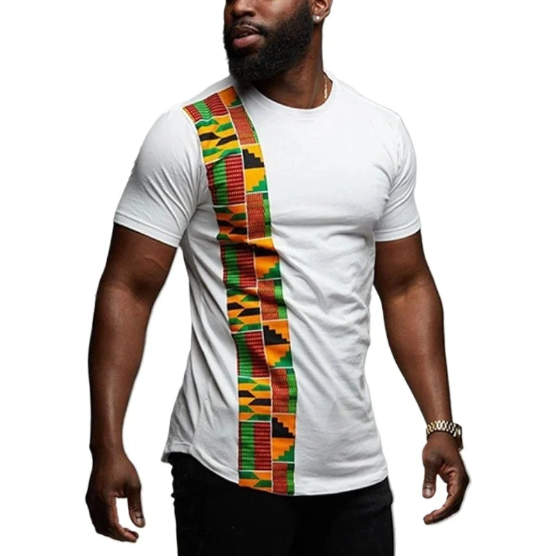 Men's African Kente patchwork T-shirt by SHOWLU FASHION STORE, featuring vibrant Ankara cotton fabric and traditional design elements.