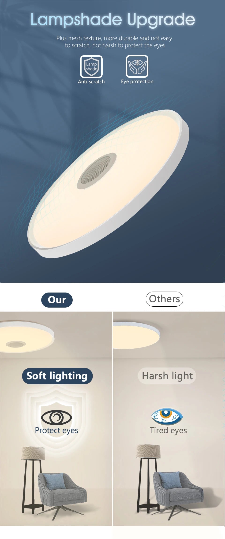 Showlu Smart RGB LED ceiling light with built-in Bluetooth speaker and remote control, featuring colorful lighting options.