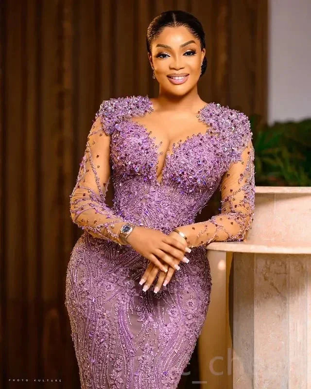 SHOWLU Lilac mermaid prom dress with beaded sequins, elegant evening gown featuring a fitted silhouette and shimmering embellishments.