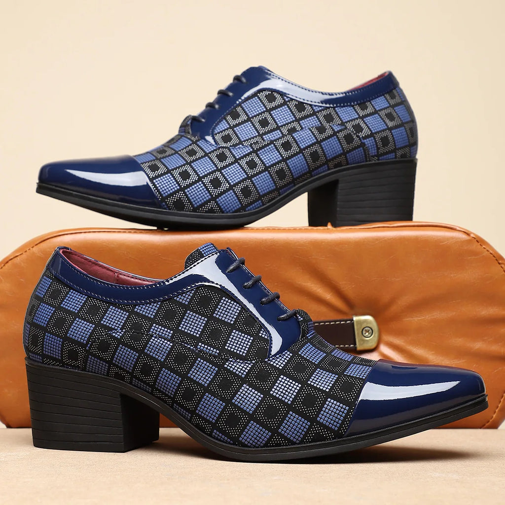 Men's British style checked leather dress shoes with casual design from Showlu Fashion Store, perfect for business or smart casual wear.