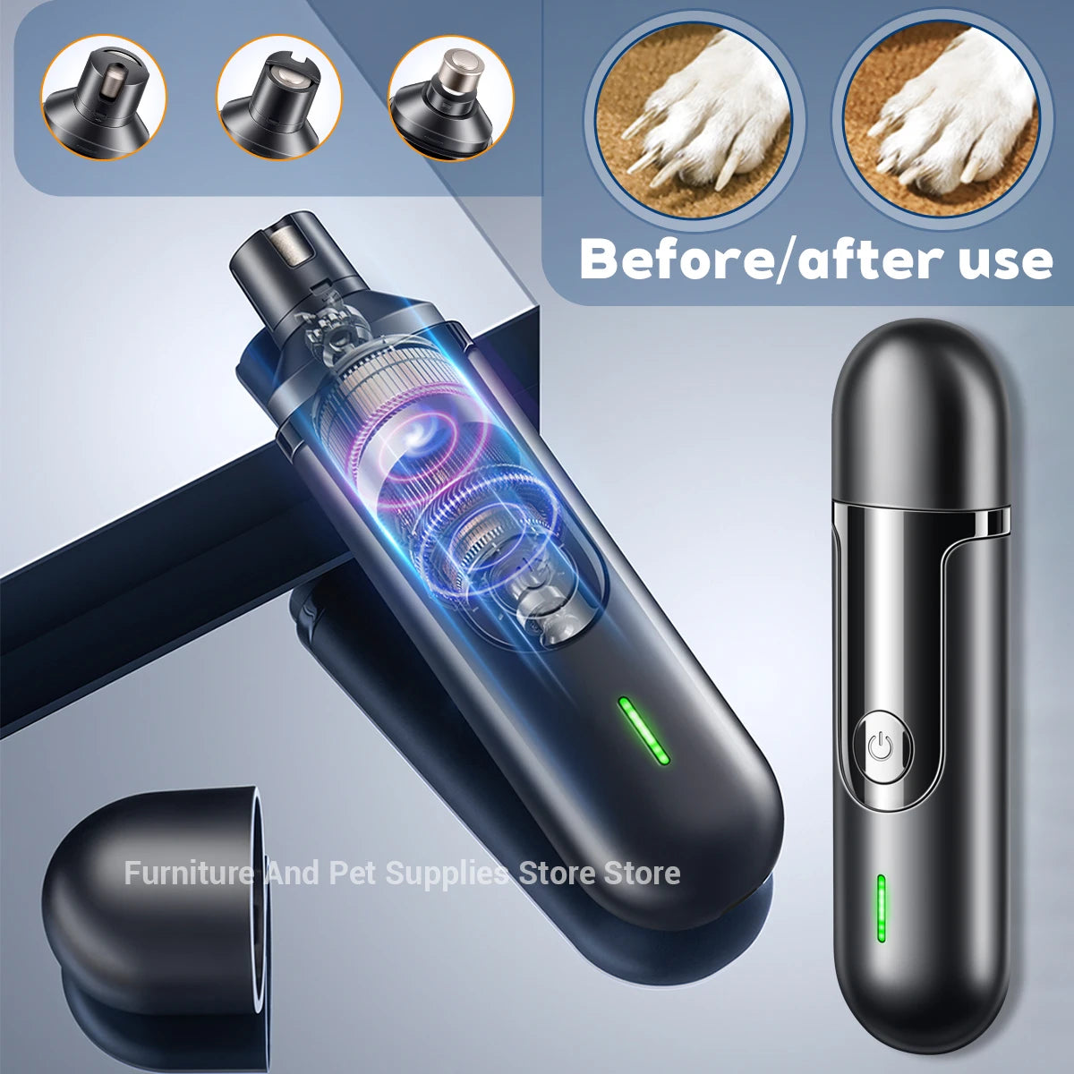 Electric dog nail grinder by Showlu Fashion Store with USB charger, featuring a painless trimmer and polishing wheel for small and large pets.