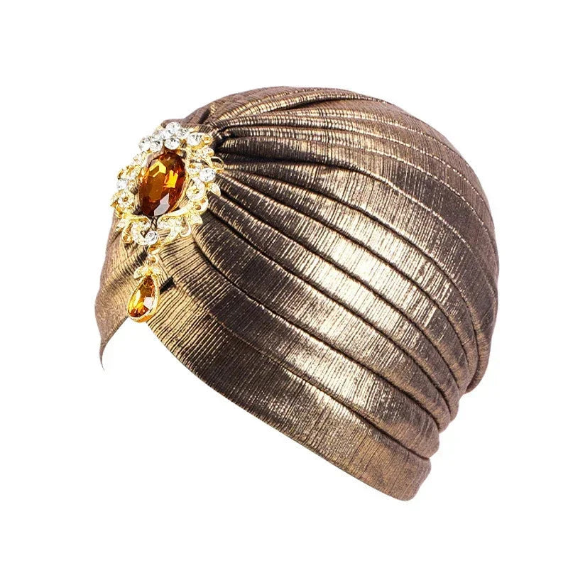 Showlu Fashion women's diamond pleated turban hijab chemo cap wrap, stylish head covering with elegant pleated design for women.