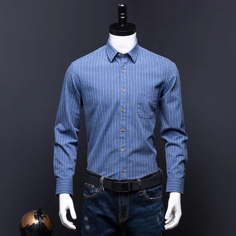 Plus size 7XL men's long sleeve cotton plaid shirt, slim fit formal casual top with striped design, soft and comfortable for office wear