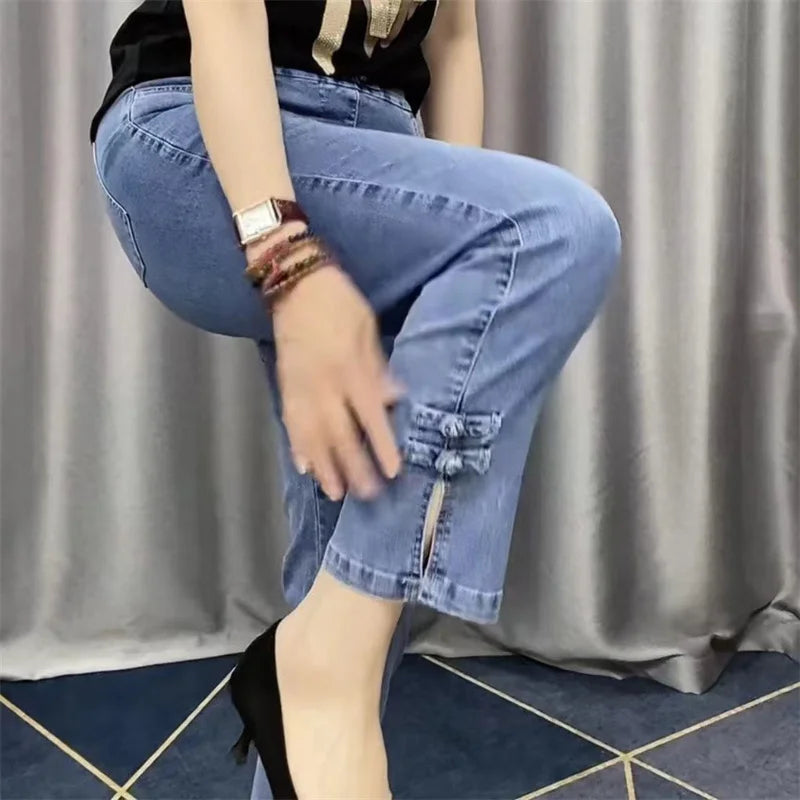 2025New Spring Autumn High Elasticity Women Jean Korean Loose Straight Ankle-Length Cowboy Pants Female Extends Denim Pants Lady