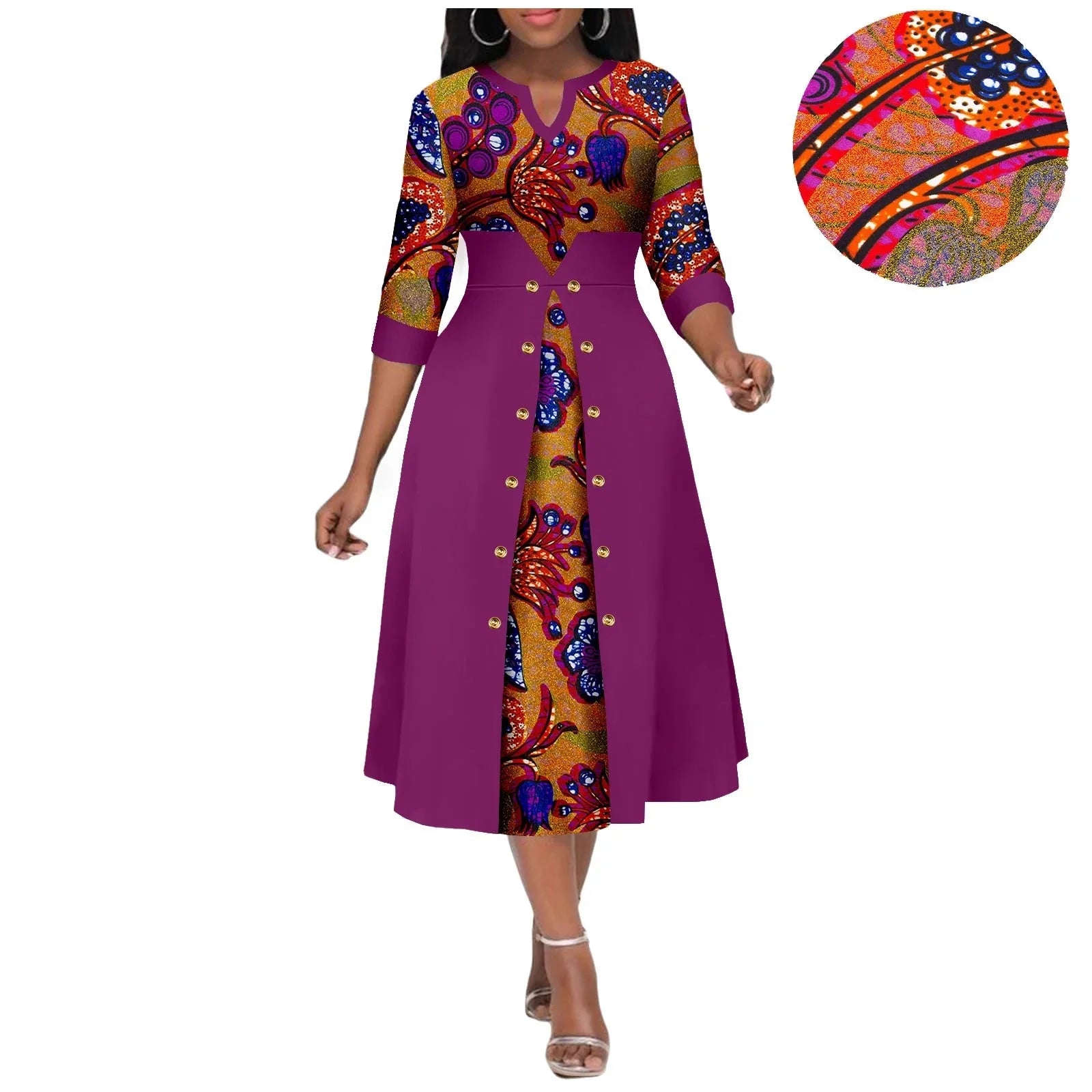 Women's Ankara print V-neck dress with cotton A-line midi skirt, featuring vibrant African-inspired patterns and a flowing silhouette.