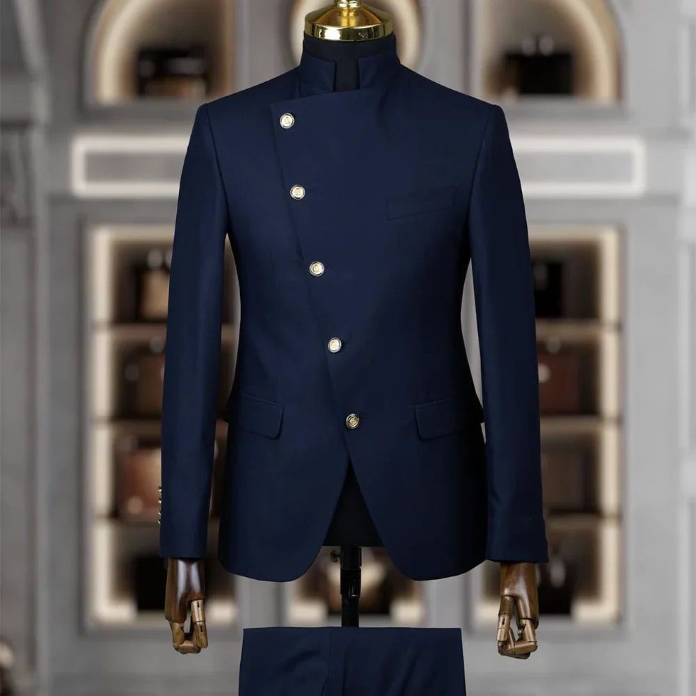 SHOWLU FASHION STORE men's slim fit wedding tuxedo suit with stand collar, cotton fabric, two-piece design, ideal for formal occasions.